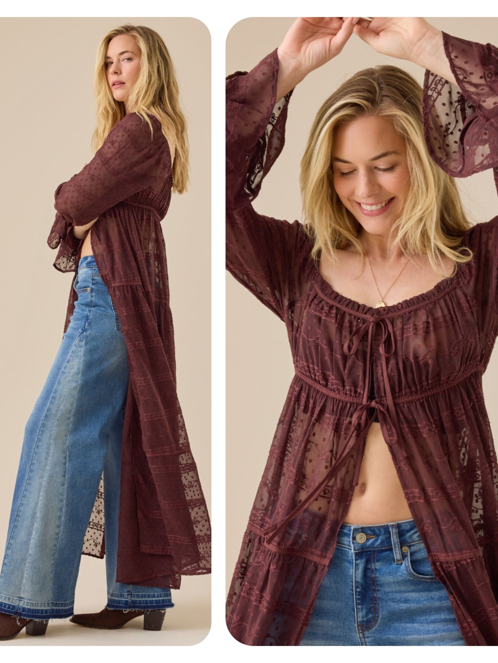 Altar'd State Sheer Embroidered Long Sleeve Ruffle Duster Kimono Top Brown XL